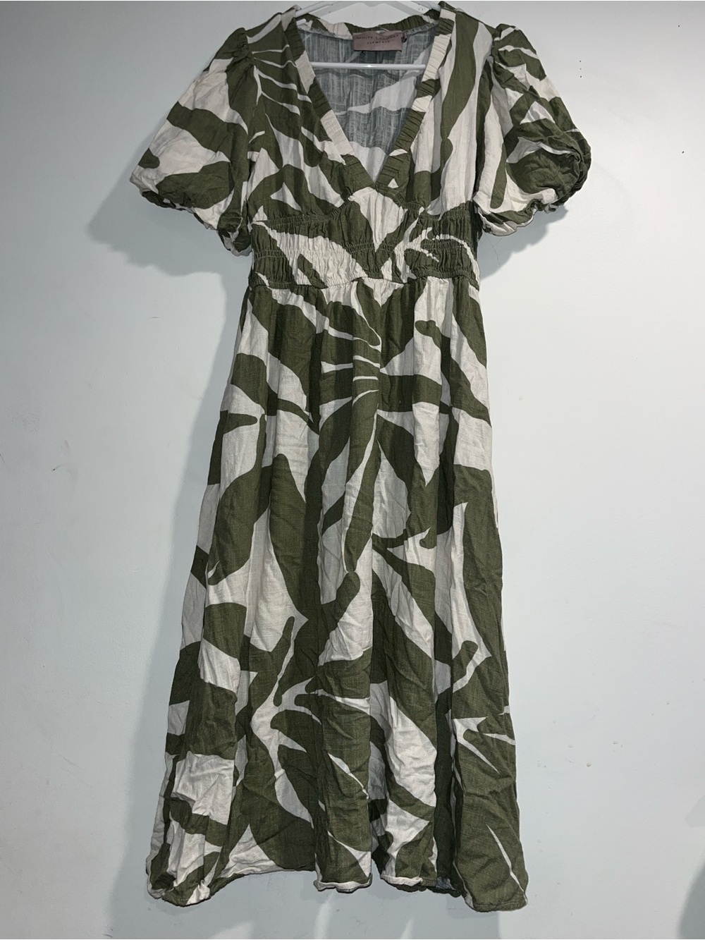 WHITE CLOSET ELEMENTS Sage linen blend puff sleeve midi dress